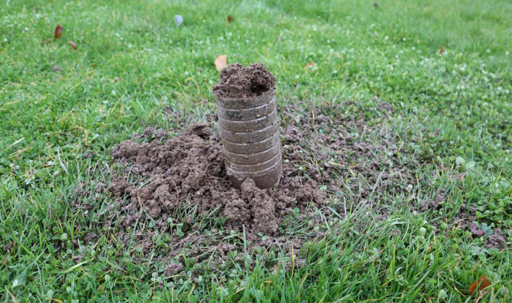 Das Foto zeigt eine Plastikflasche, die der Maulwurf mit Erde gefüllt hat