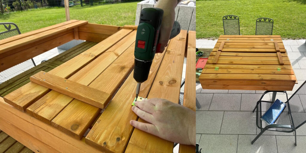 Das Foto zeigt wie die Sitzbänke zusammen geschraubt werden