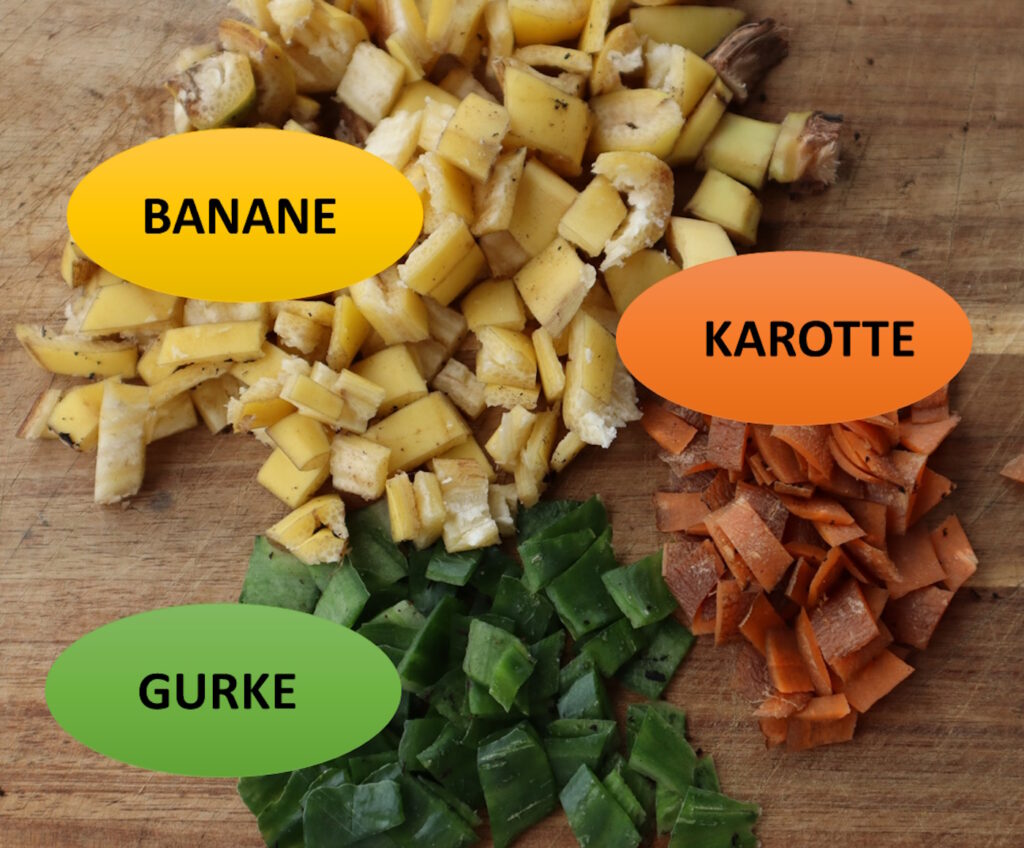 Das Foto zeigt Karotte, Banane und Gurke für die Wurmkiste