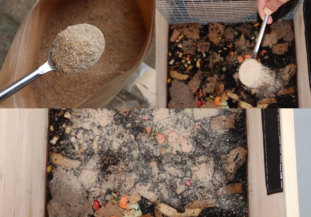 Das Foto zeigt, wie Mineralfutter in der Wurmkiste verteilt wird
