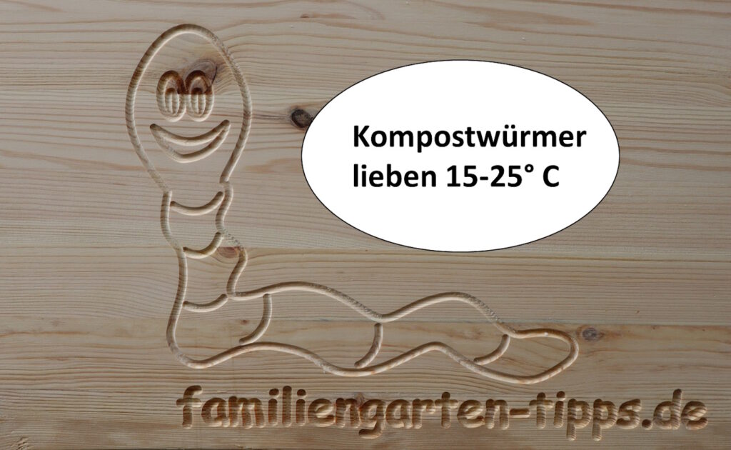 Das Foto zeigt eine Abbildung von einem Wurm und die Information, dass Kompostwürmer 15-25°C lieben