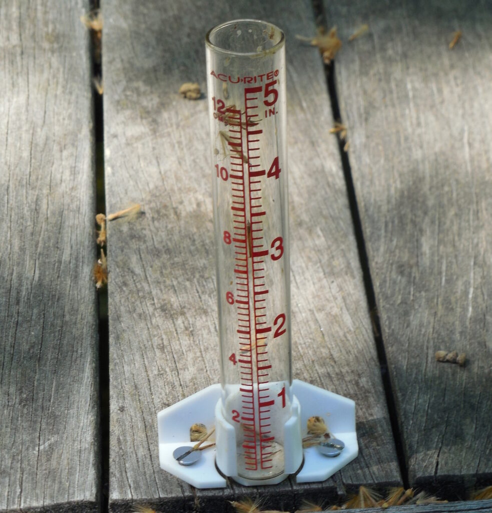 Das Foto zeigt einen Regenmesser aus Glas