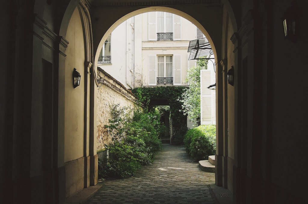 Das Foto zeigt einen Innenhof, in dem Sträucher stehen