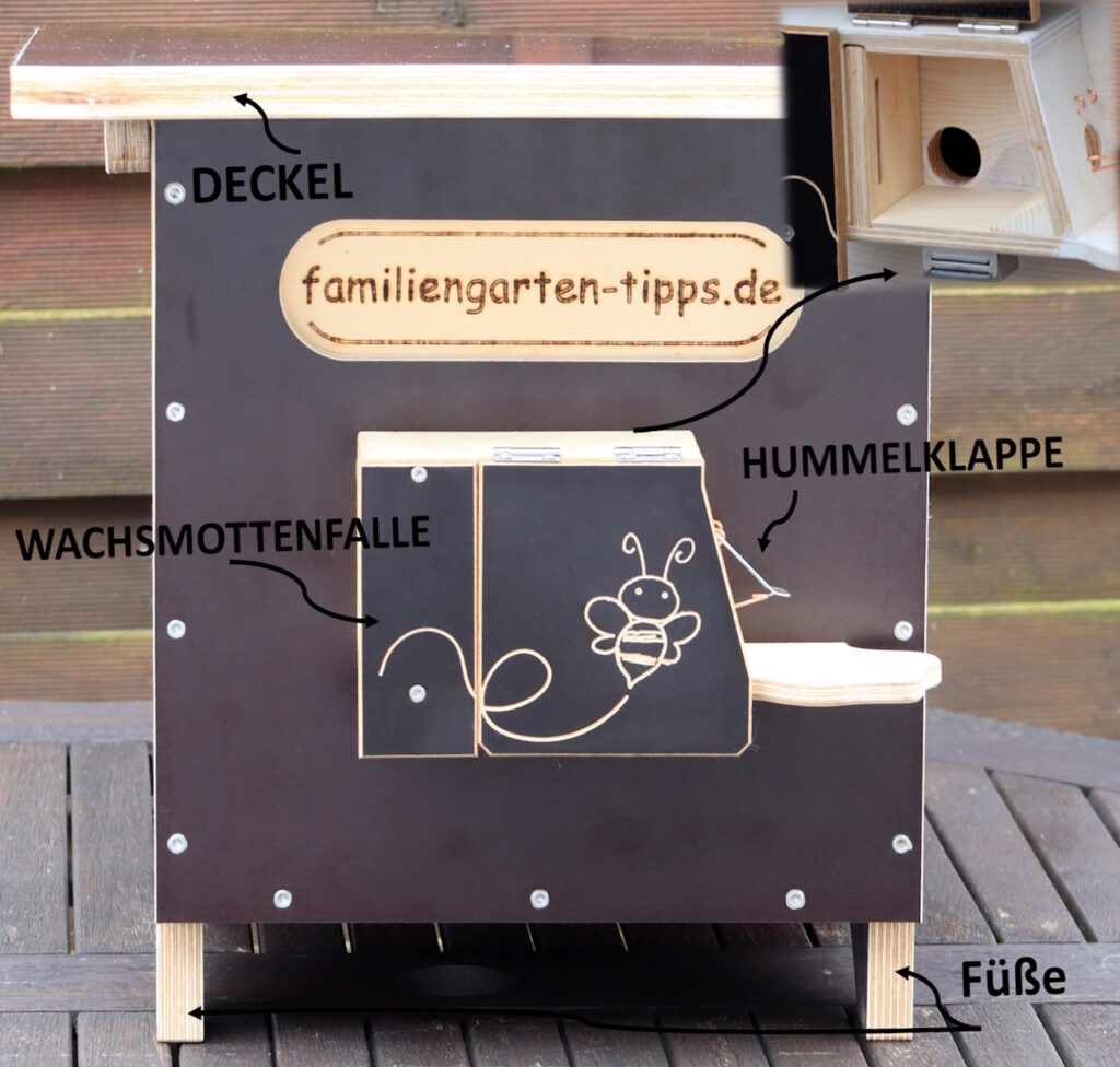 Das Foto zeigt einen Siebdruckhummelkasten, an dem die Einzelteile beschriftet sind