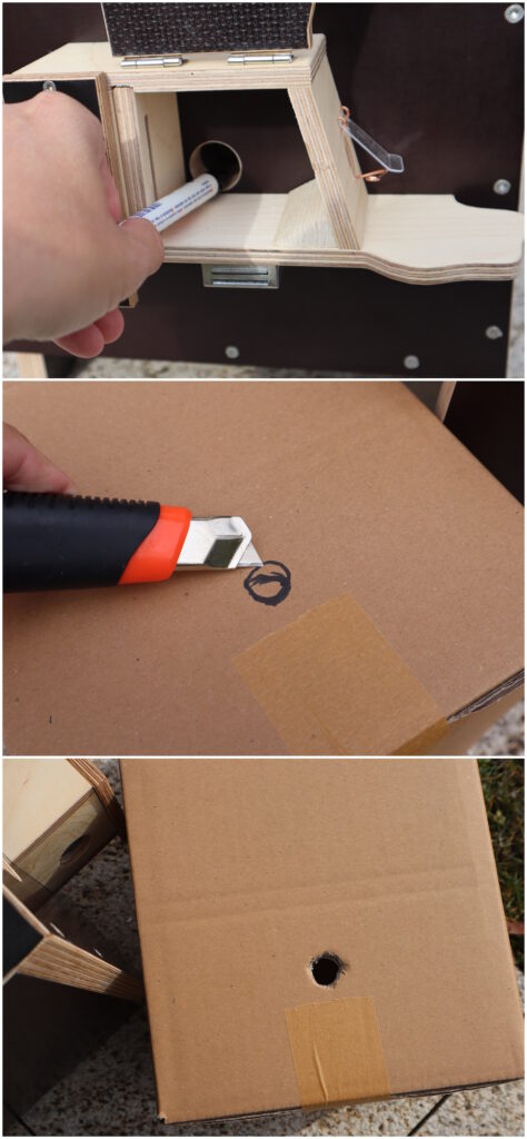 Das Foto zeigt, wie mit dem Stift ein Loch angezeichnet wird und dann mit einem Teppichmesser ausgeschnitten wird.