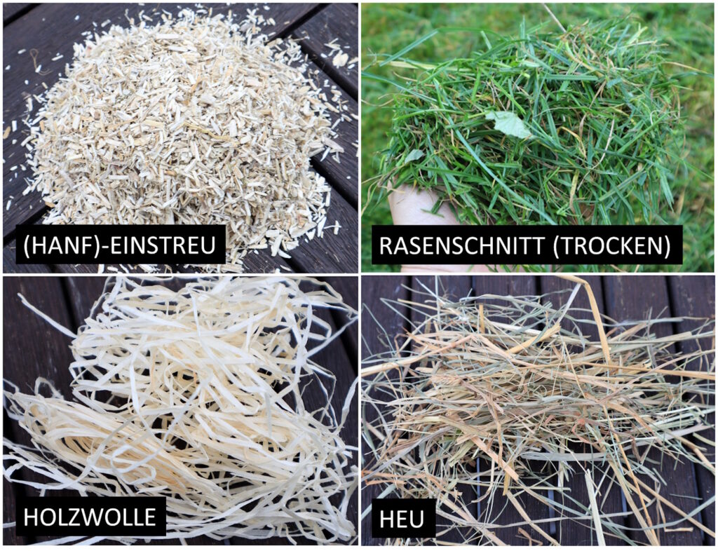 Das Foto zeigt die Basis vom Hummelkasten: Hanfeinstreu, Rasenschnitt, Heu und Holzwolle