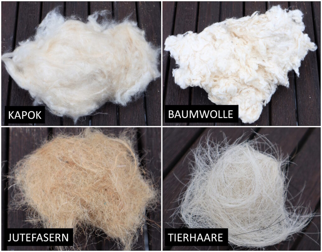 Das Foto zeigt weiches Nistmaterial für Hummeln: Kapok, Baumwolle, Jutefasern und Tierhaare