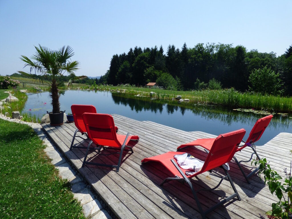 Das Foto zeigt einen Schwimmteich mit Liegen auf einem Podest aus Holz