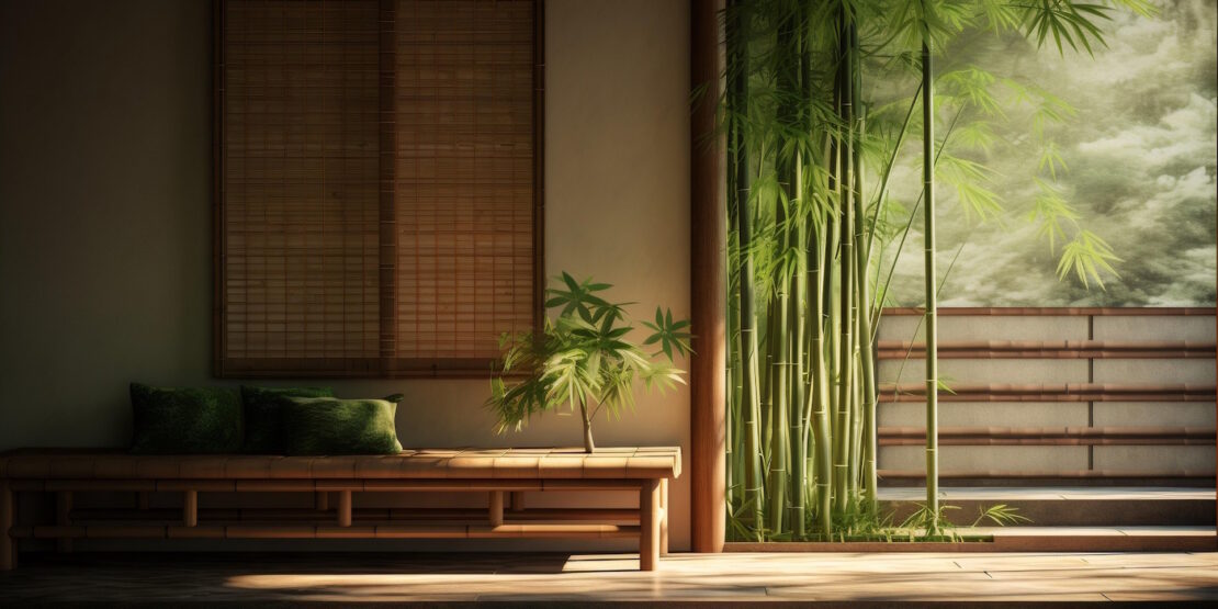 Das Foto zeigt eine Bambuspflanze und eine Couch aus Bambus