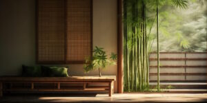 Das Foto zeigt eine Bambuspflanze und eine Couch aus Bambus