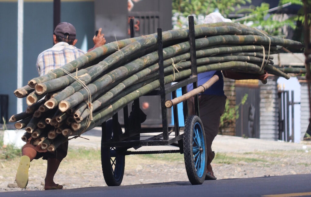 Das Foto zeigt Bambusrohre auf einem Wagen