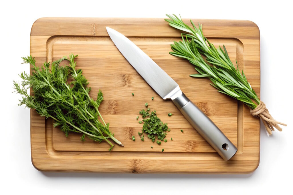 Das Foto zeigt ein Schneidebrett aus Bambus auf dem Kräuter liegen