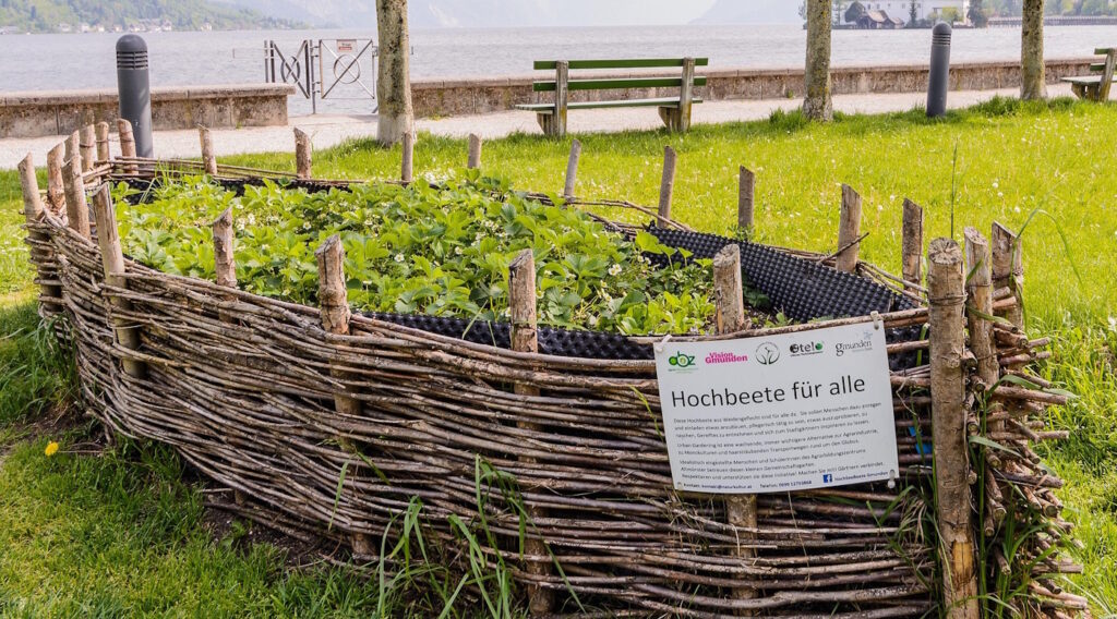 Das Foto zeigt ein Hochbeet in geflochtener Optik