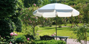 Das Foto zeigt einen Sonnenschirm im Garten