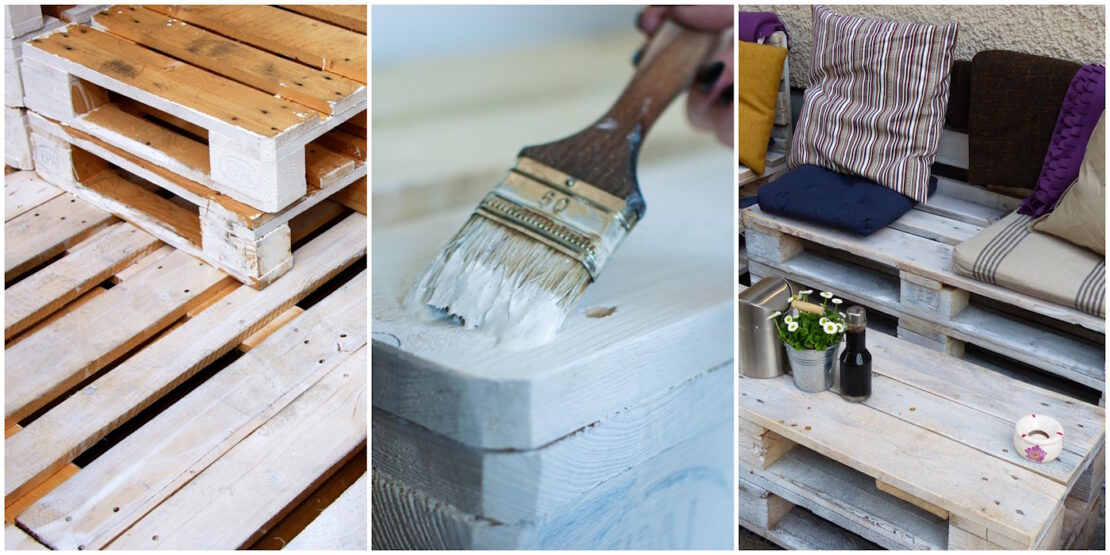 Das Foto zeigt Paletten, das Streichen von Paletten und fertige Möbel aus Paletten