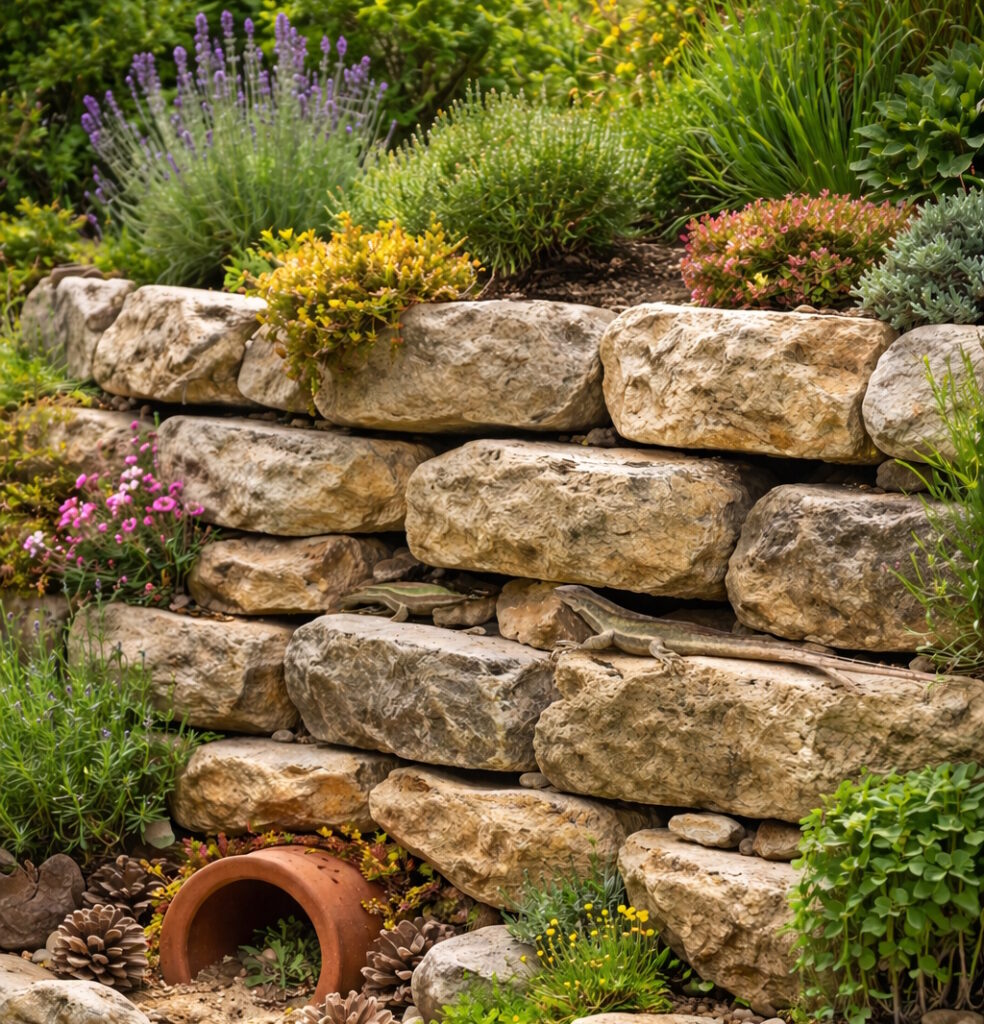 Das Foto zeigt eine Eidechse in einer Steinwand
