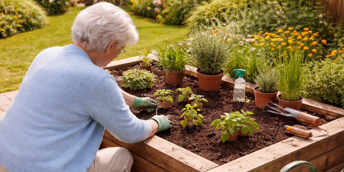 Das Foto zeigt eine ältere Dame am Hochbeet
