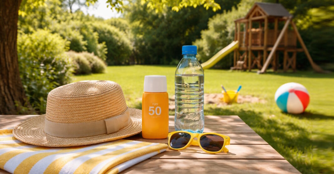 Das Foto zeigt einen Sonnenhut, Sonnencreme, Sonnenbrille und eine Wasserflasche auf einem Tisch im Schatten