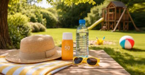 Das Foto zeigt einen Sonnenhut, Sonnencreme, Sonnenbrille und eine Wasserflasche auf einem Tisch im Schatten